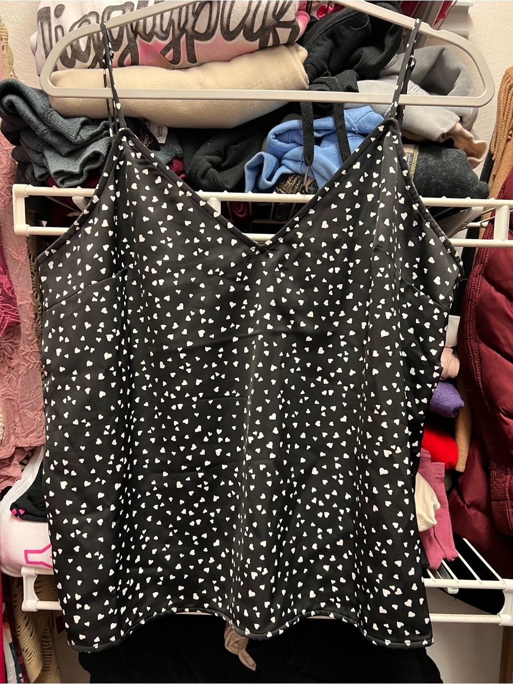 a new day Black Cami with White Heart Print